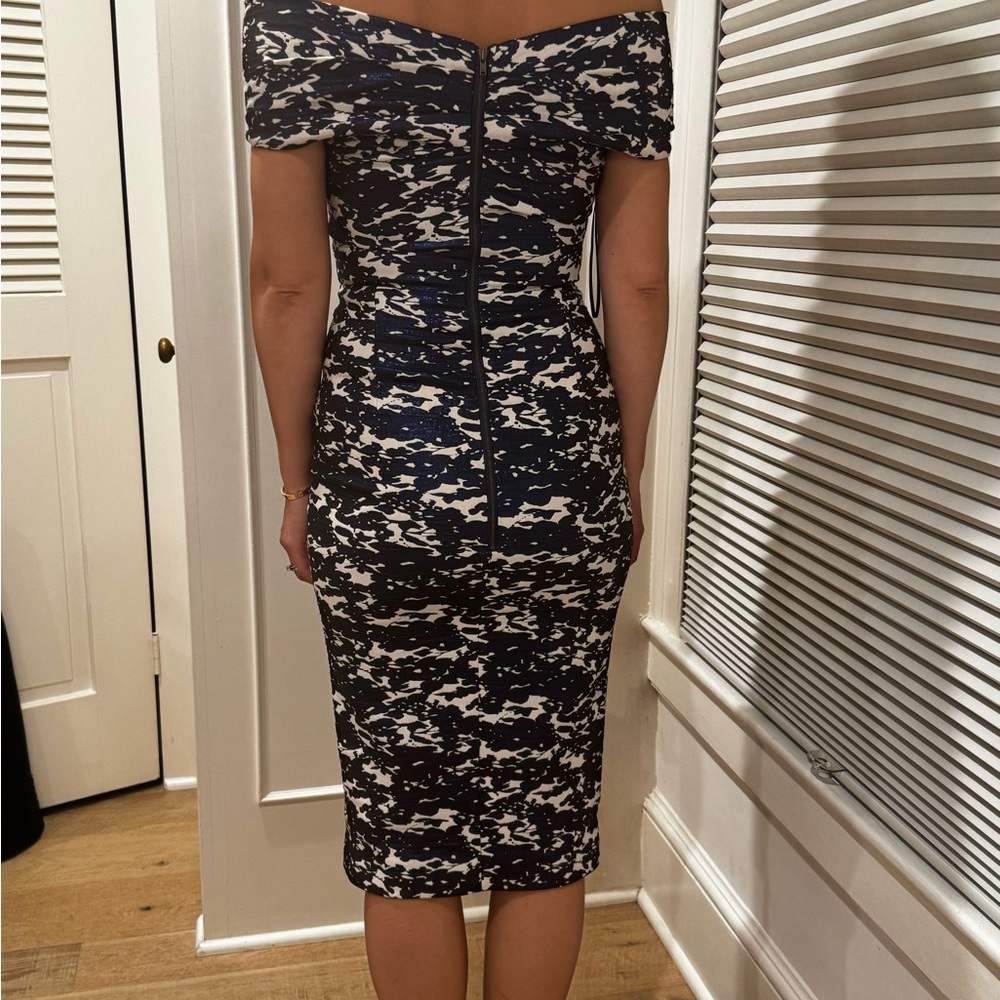 Teri Jon Off-Shoulder Navy and White Midi Dress